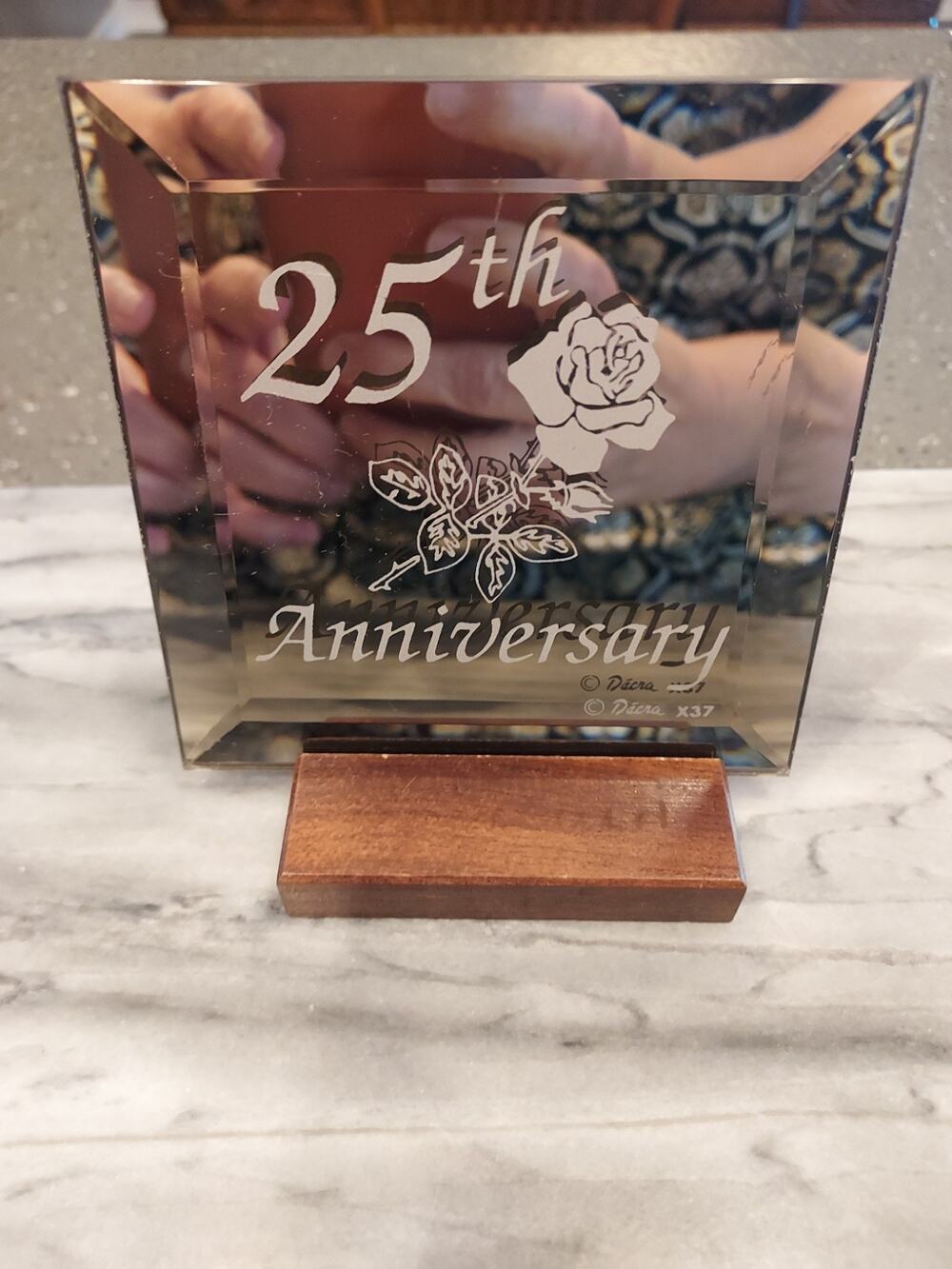 Vintage 25th Wedding Anniversary Mirror w/ walnut stand 4" inches square Dacra